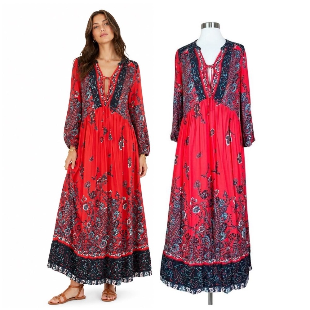 Free People Red Floral Paisley Lace Up V-Neck Boho Maxi Dress Large OB503204